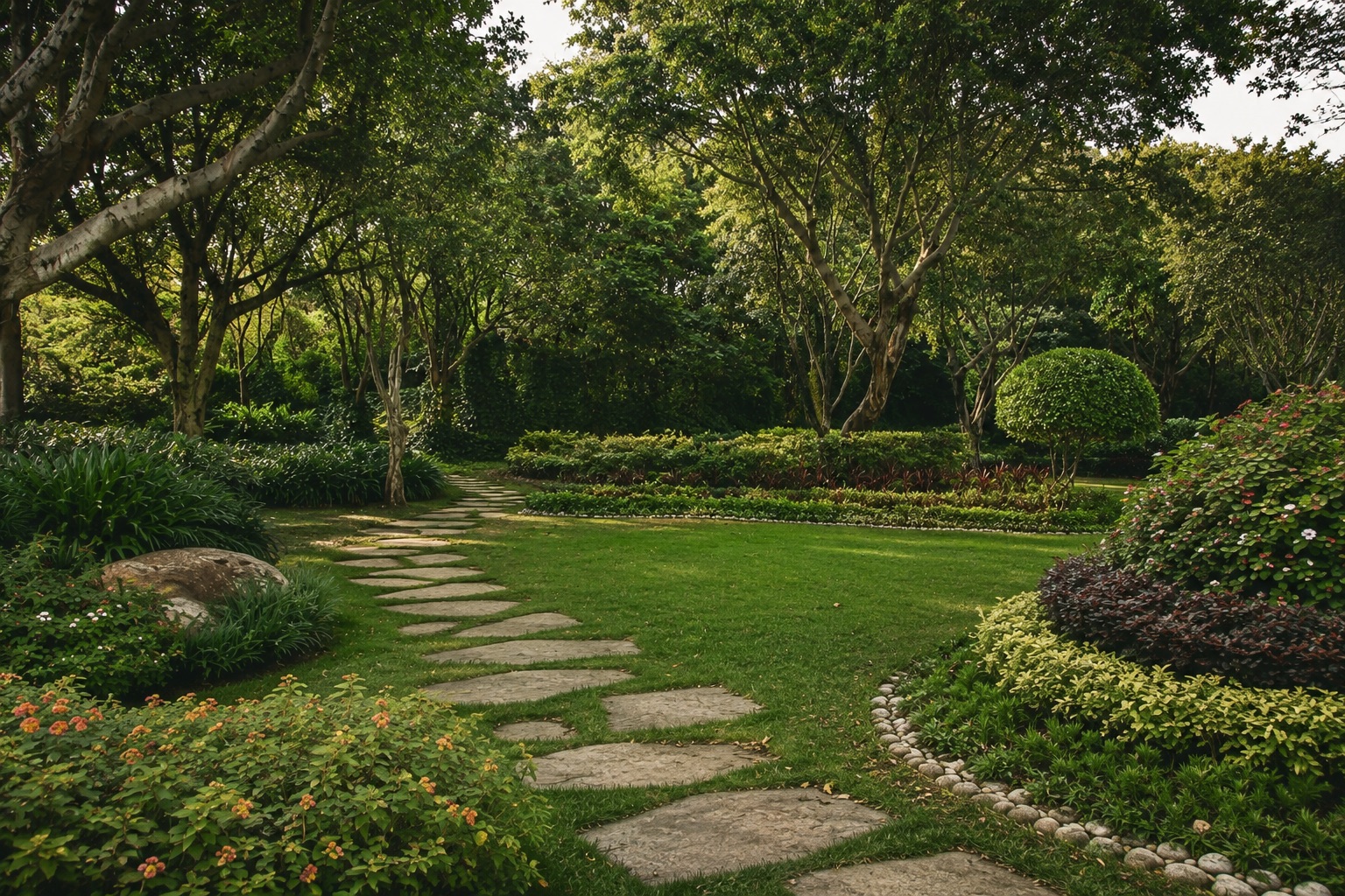 Paisaje residencial con vegetación cuidada