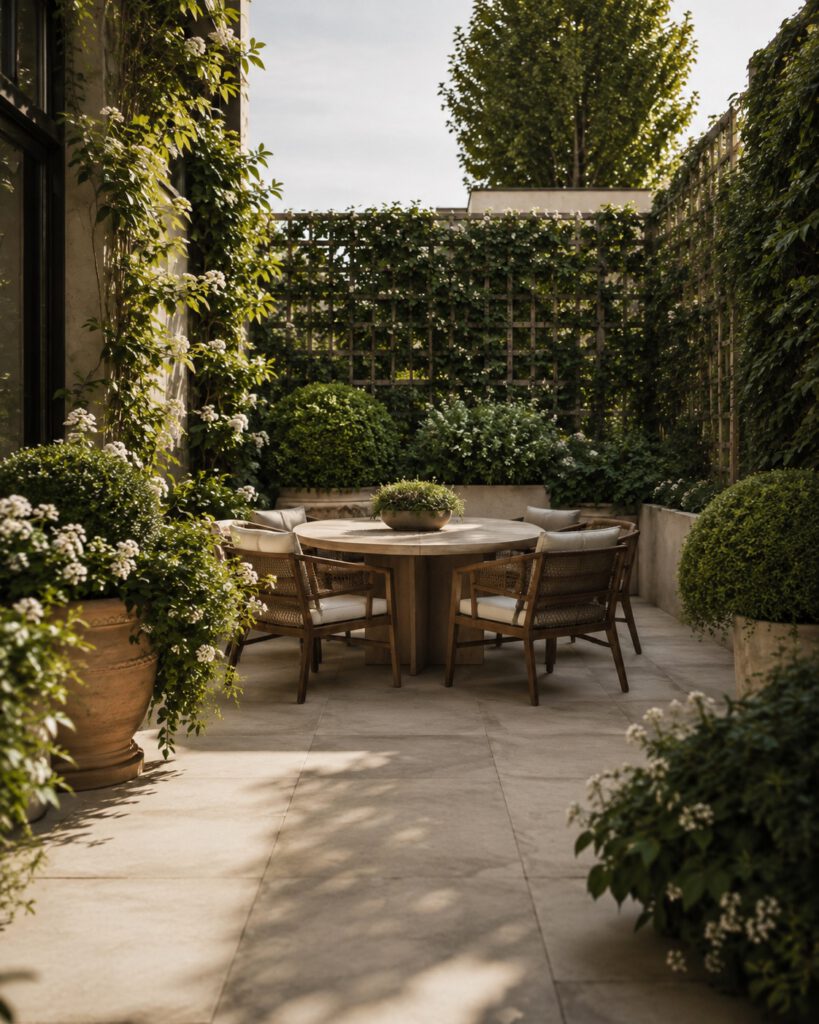 Patio Conde de Orgaz, comedor exterior rodeado de vegetación y jardineras mediterráneas.