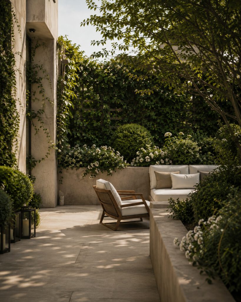 Patio Conde de Orgaz, rincón de jardín con mobiliario exterior y vegetación envolvente.
