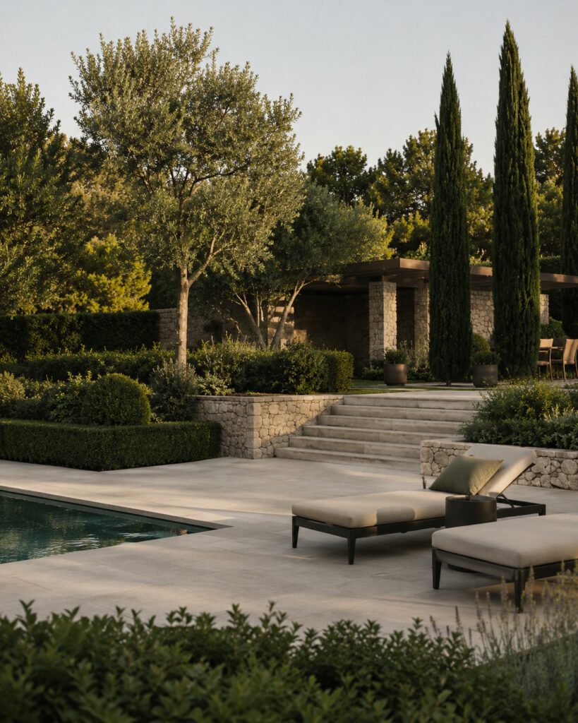 Villa Somosaguas, zona de descanso con tumbonas junto a jardín mediterráneo y piscina.