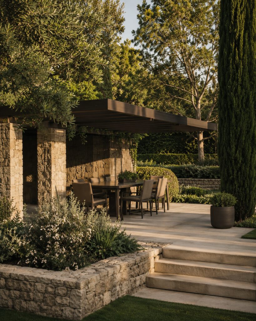 Villa Somosaguas, acceso ajardinado con pérgola, vegetación estructurada y materiales naturales.
