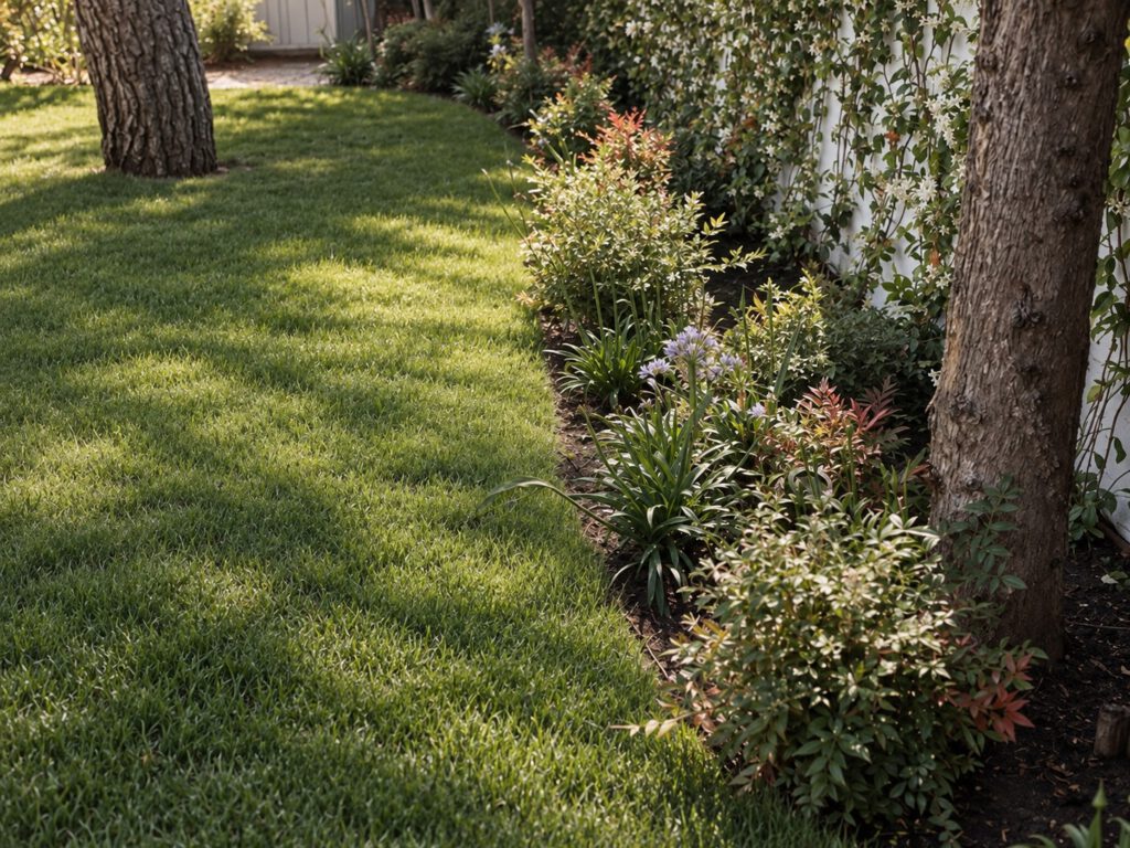 Césped con plantación perimetral y vegetación de sombra en jardín residencial.