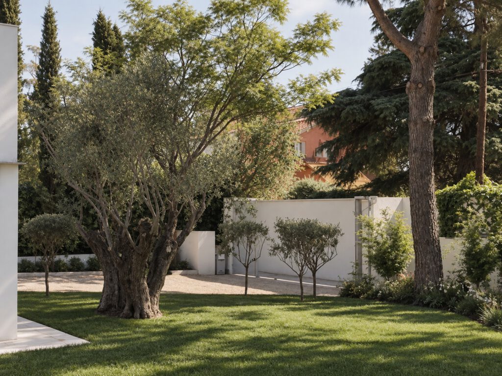 Olivo y jardín mediterráneo junto a vivienda contemporánea.