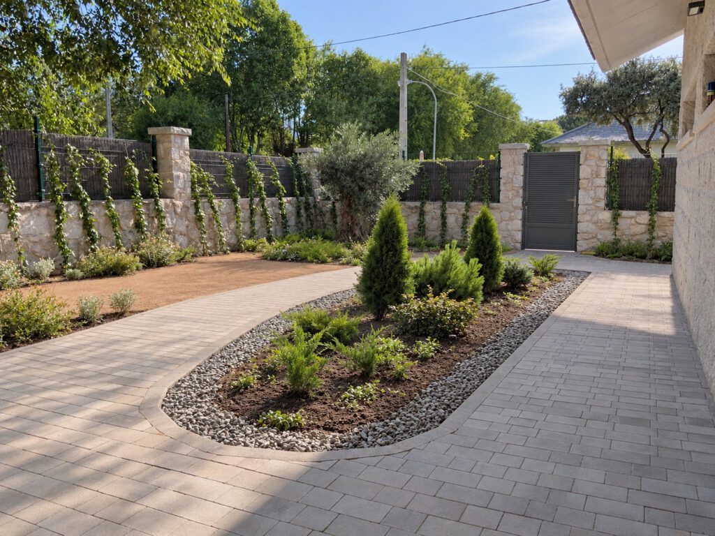 Parterre curvo con coníferas, grava y recorrido exterior junto a la vivienda.