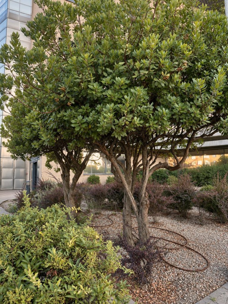 Arbolado y plantación ornamental en espacio exterior institucional.