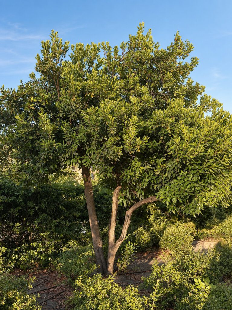 Árbol mediterráneo con vegetación natural en zona exterior institucional.