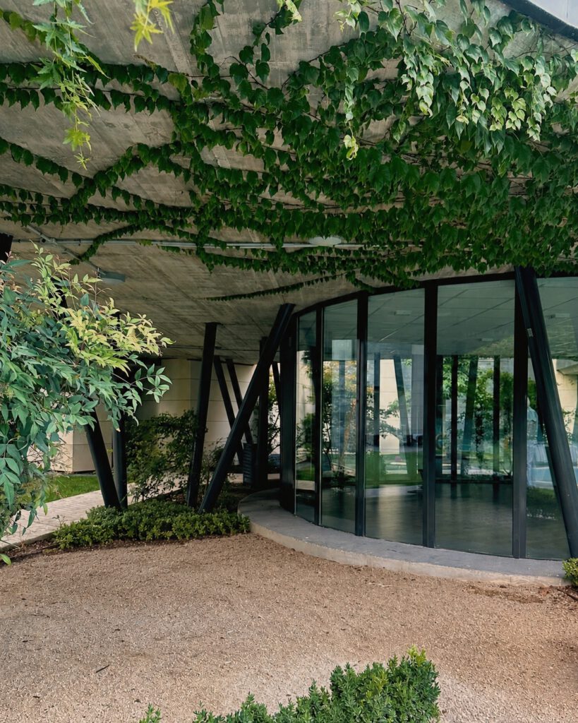Zona común ajardinada con mobiliario exterior, vegetación y fachada acristalada.