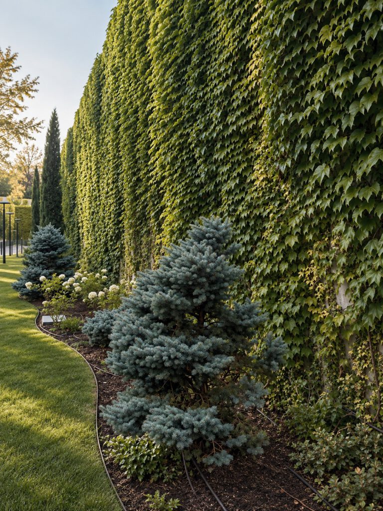 Muro vegetal con coníferas y plantación ornamental en zona común residencial.